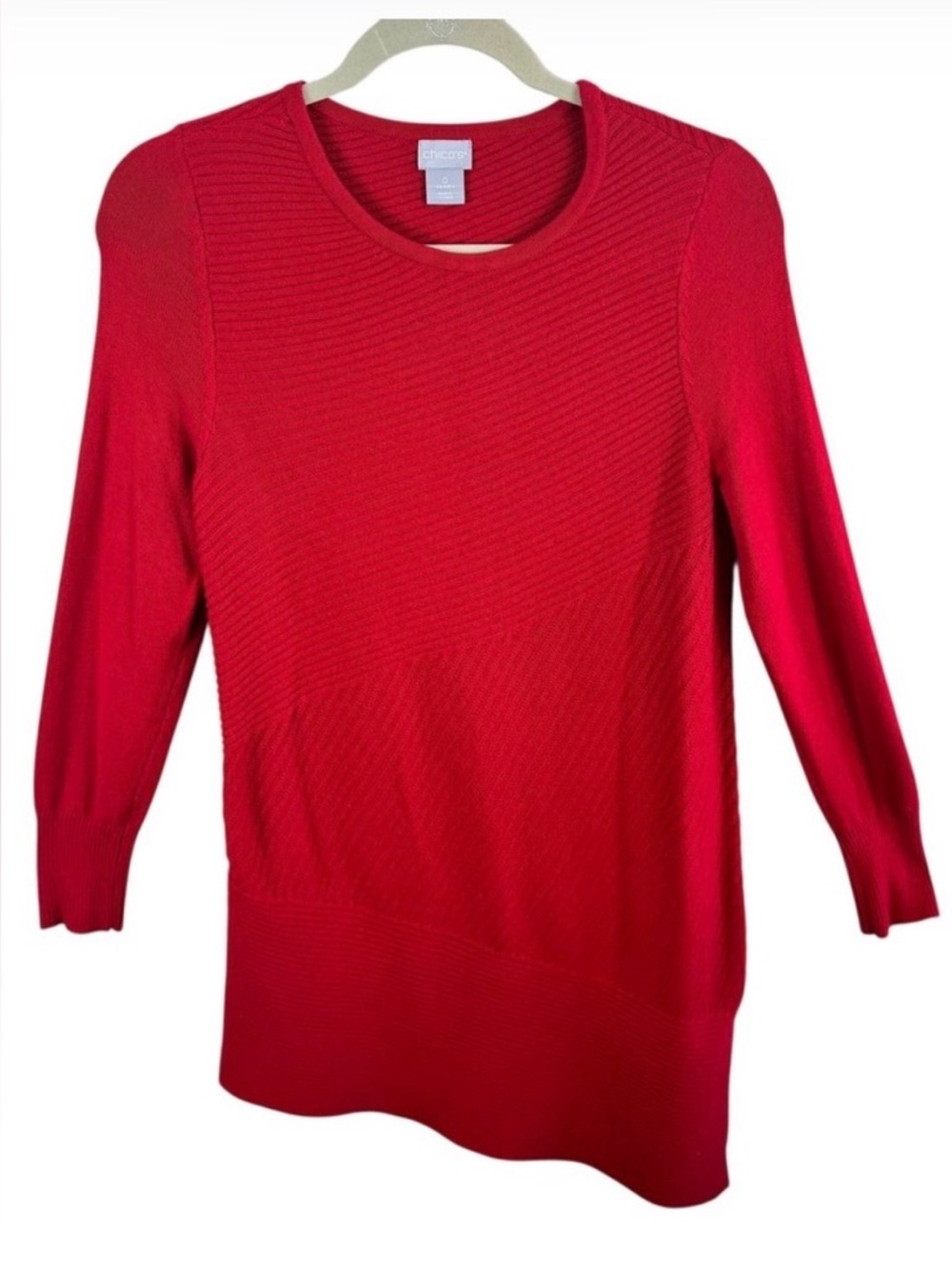 Chicos Red Cotton Blend Ribbed 3/4 Sleeve Asymmetrical‎ Tunic Sweater Holiday S